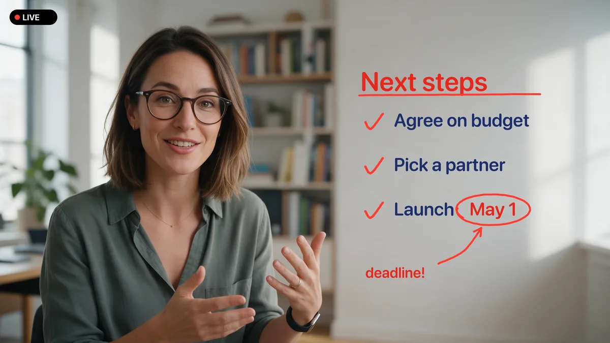 Presenter on a live video call with handwritten notes, ticks and a circled deadline drawn on top